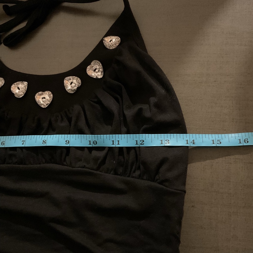 2B Bebe Y2K Vintage Ruched Halter Top Black Rhinestone Heart Gem Sz M - Picture 9 of 10